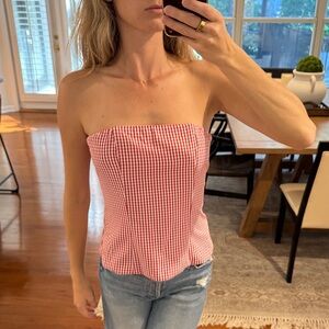 Chic Red Gingham Strapless Blouse